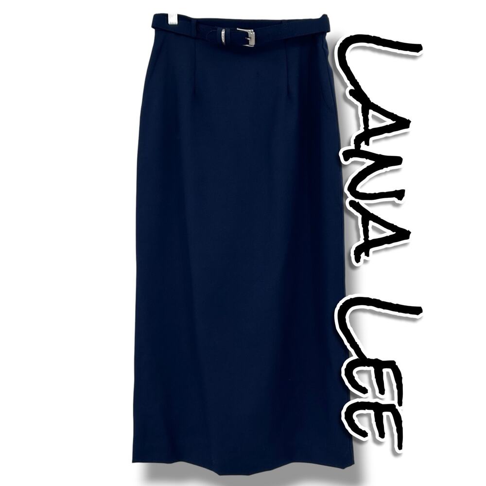 Vintage Lana Lee Petite 4 Navy 100% Wool Maxi Skirt Belted 90s Minimalist